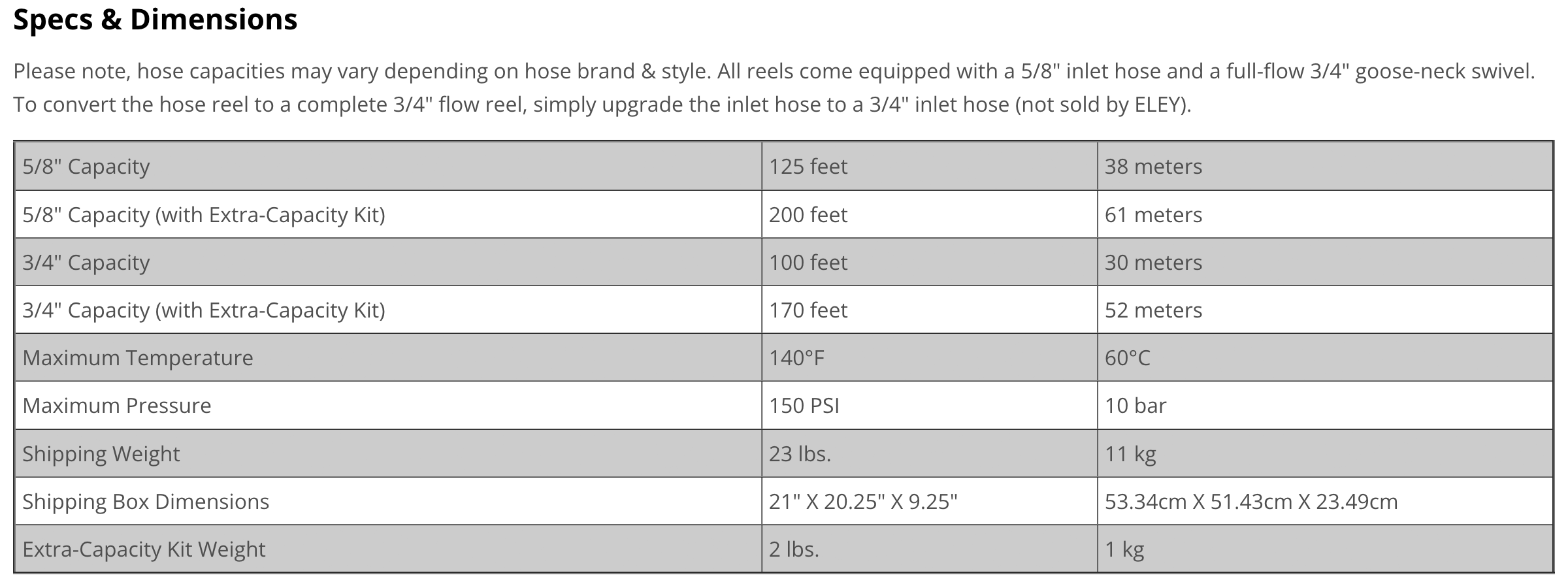 ELEY Model 1042 free-standing garden hose reel specification table