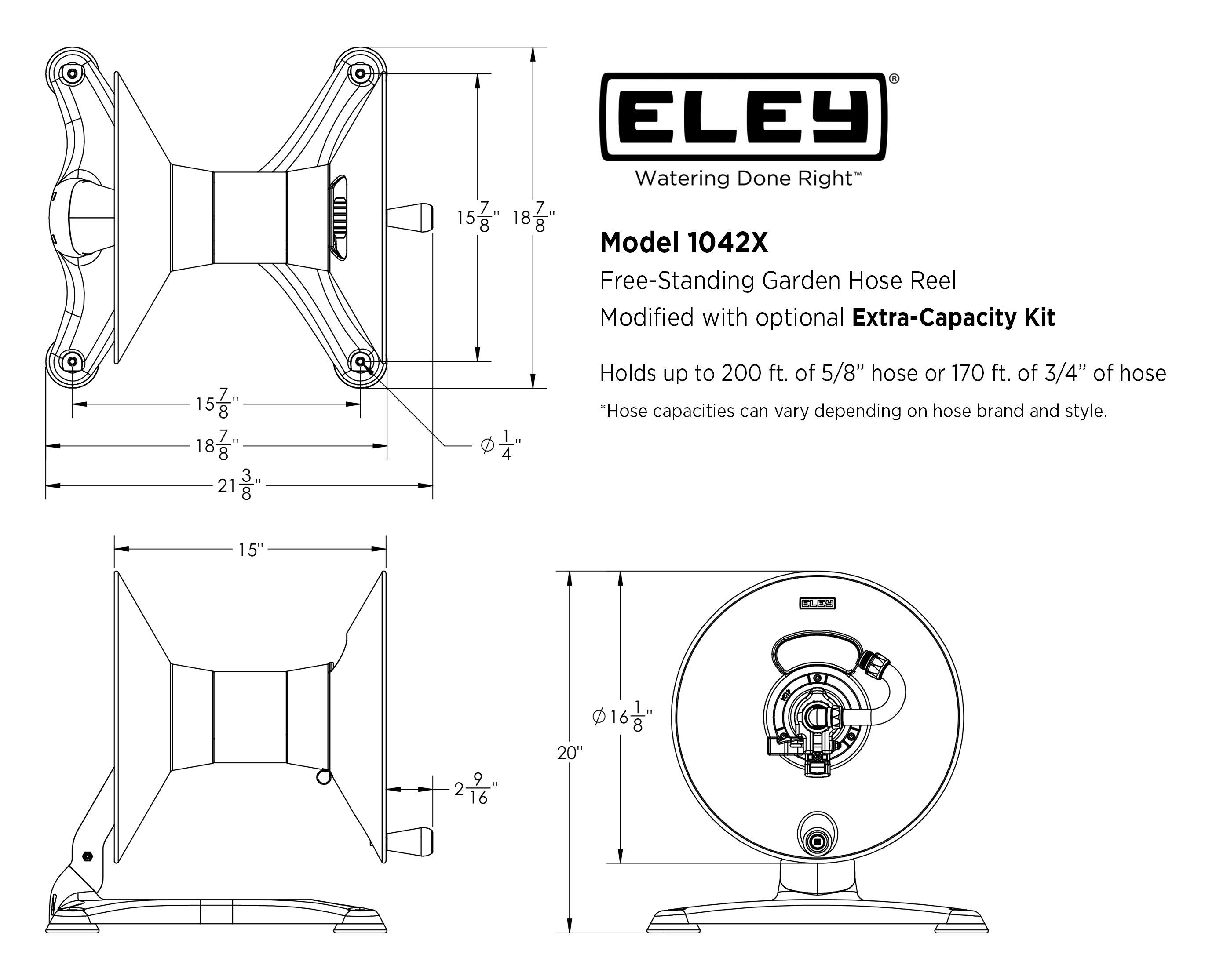 ELEY Model 1042X free-standing garden hose reel dimensions