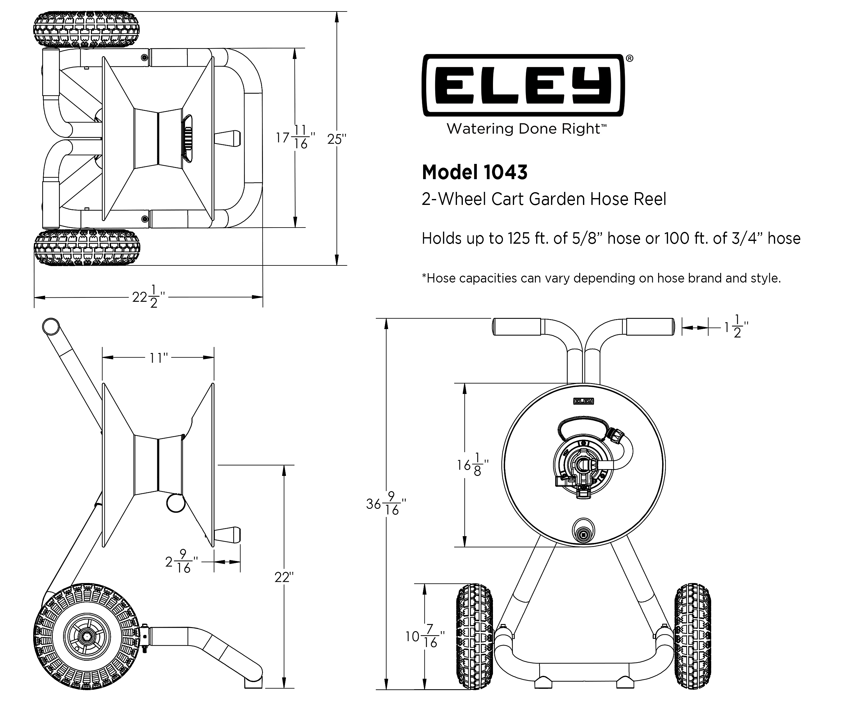 ELEY Model 1043 2-wheel garden hose reel cart dimensions