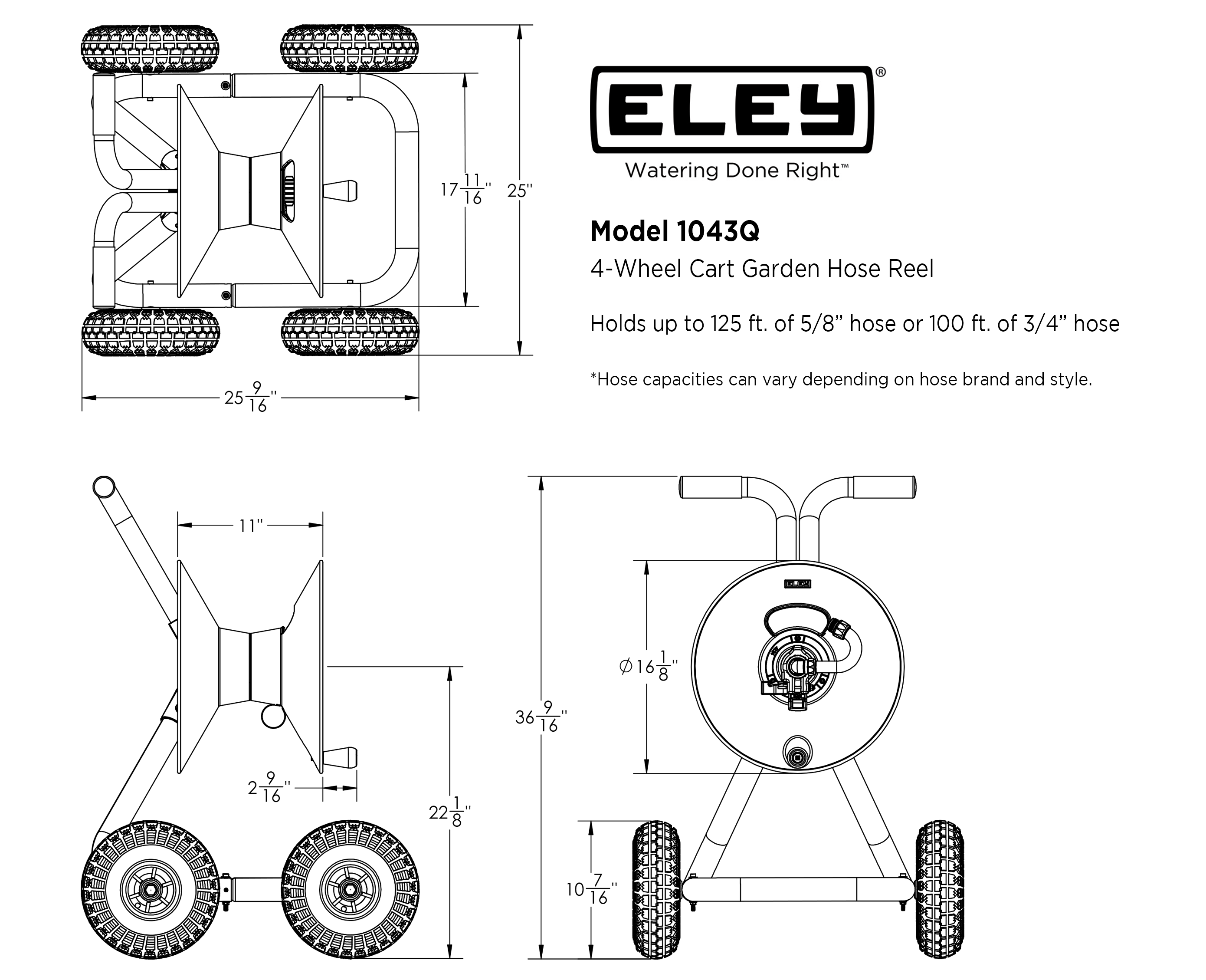 ELEY Model 1043Q Four-wheel garden hose reel cart dimensions
