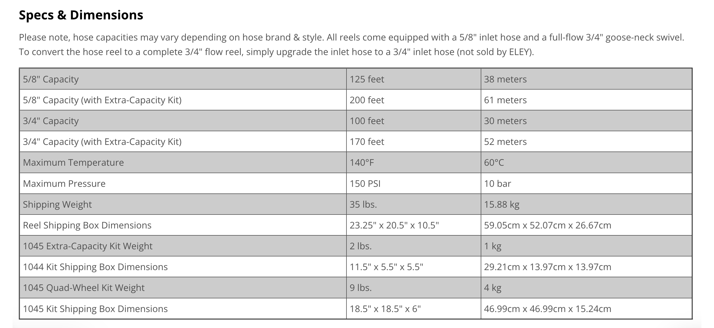 ELEY Model 1043Q 4-wheel cart garden hose reel specification table