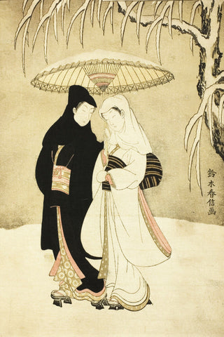 suzuki-harunobu-japanese-art-print-two-lovers-beneath-umbrella-in-snow