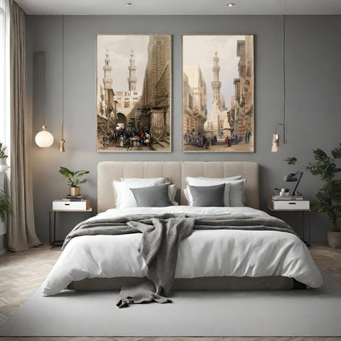 neutral colour bedroom with scenes of egypt prints