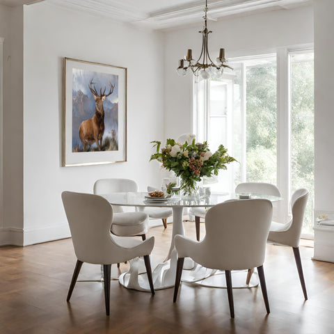 White Dining Room with Monarch of the Glen print