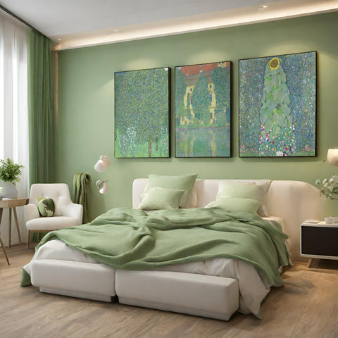 Green bedroom with Gustav Klimt prints
