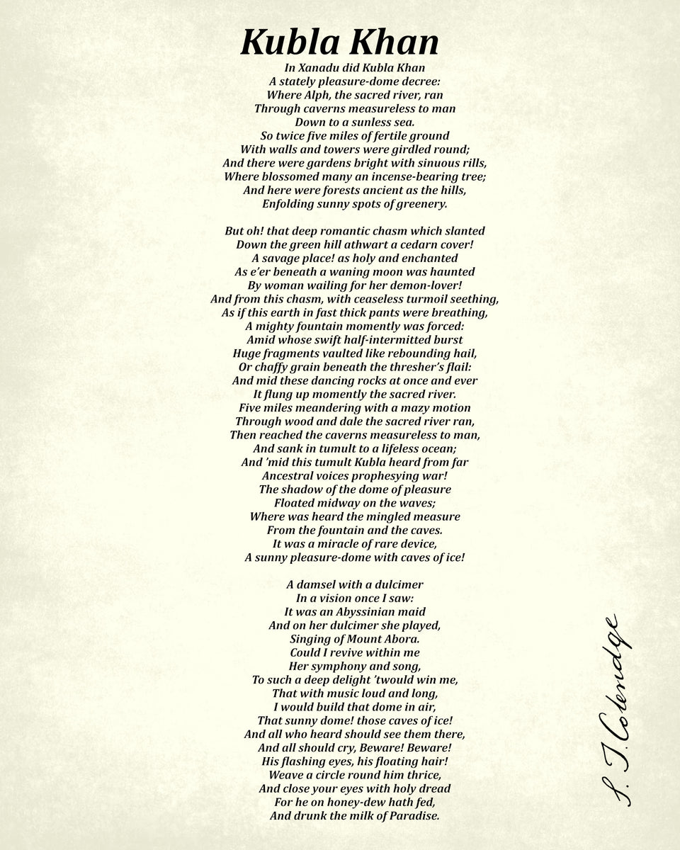 Kubla Khan, Poem by Samuel Taylor Coleridge, Typography Print ...