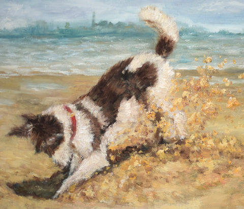 Dog Painting Framed Original Art Animals Painting Digging on The Beach