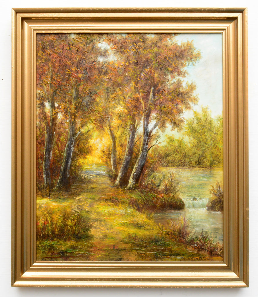 English Forest Landscape Riverbank Path Vintage Oil Painting Framed ...