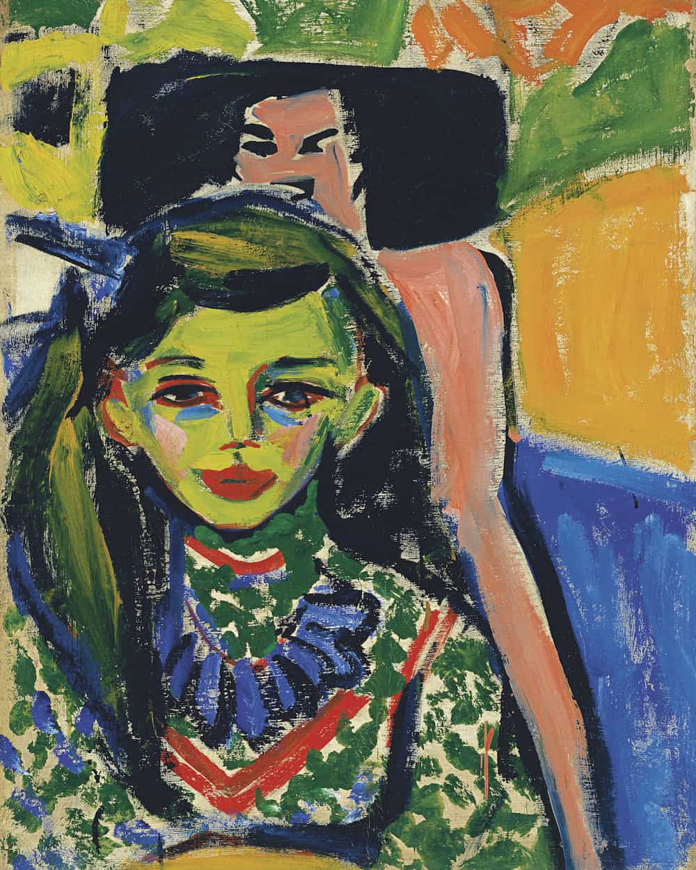 Fränzi in front of carved chair, Ernst Ludwig Kirchner