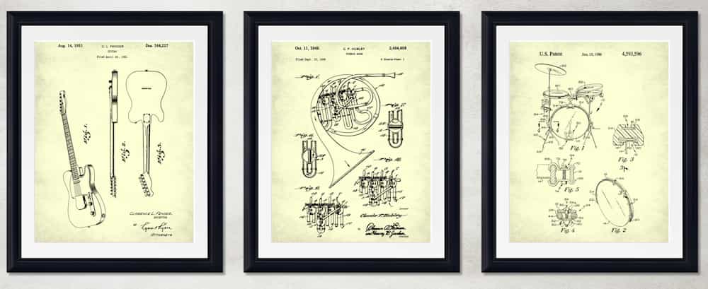 Set of 3 Music Themed Patent Prints