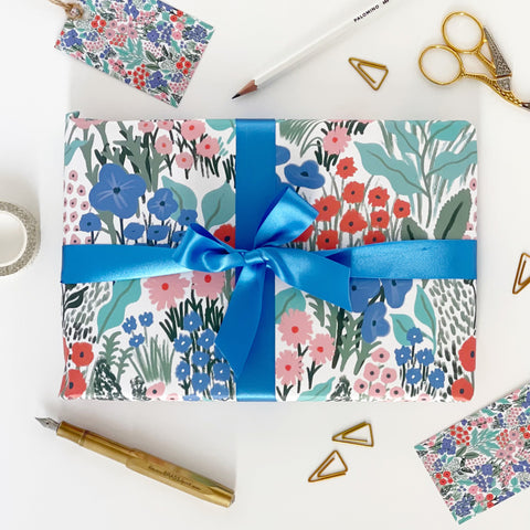 Midnight Blue Flower Meadow Recyclable Wrapping Paper Set - BLUE Eco F