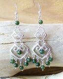Long Grecian Style Jade Chandelier Earrings made with solid Sterling Silver and Green BC Jade. 