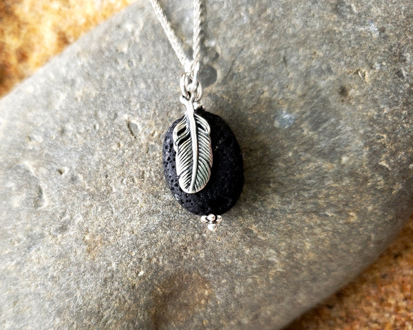 Feather Oval Lava Stone Essential Oil Diffuser Pendant Necklace