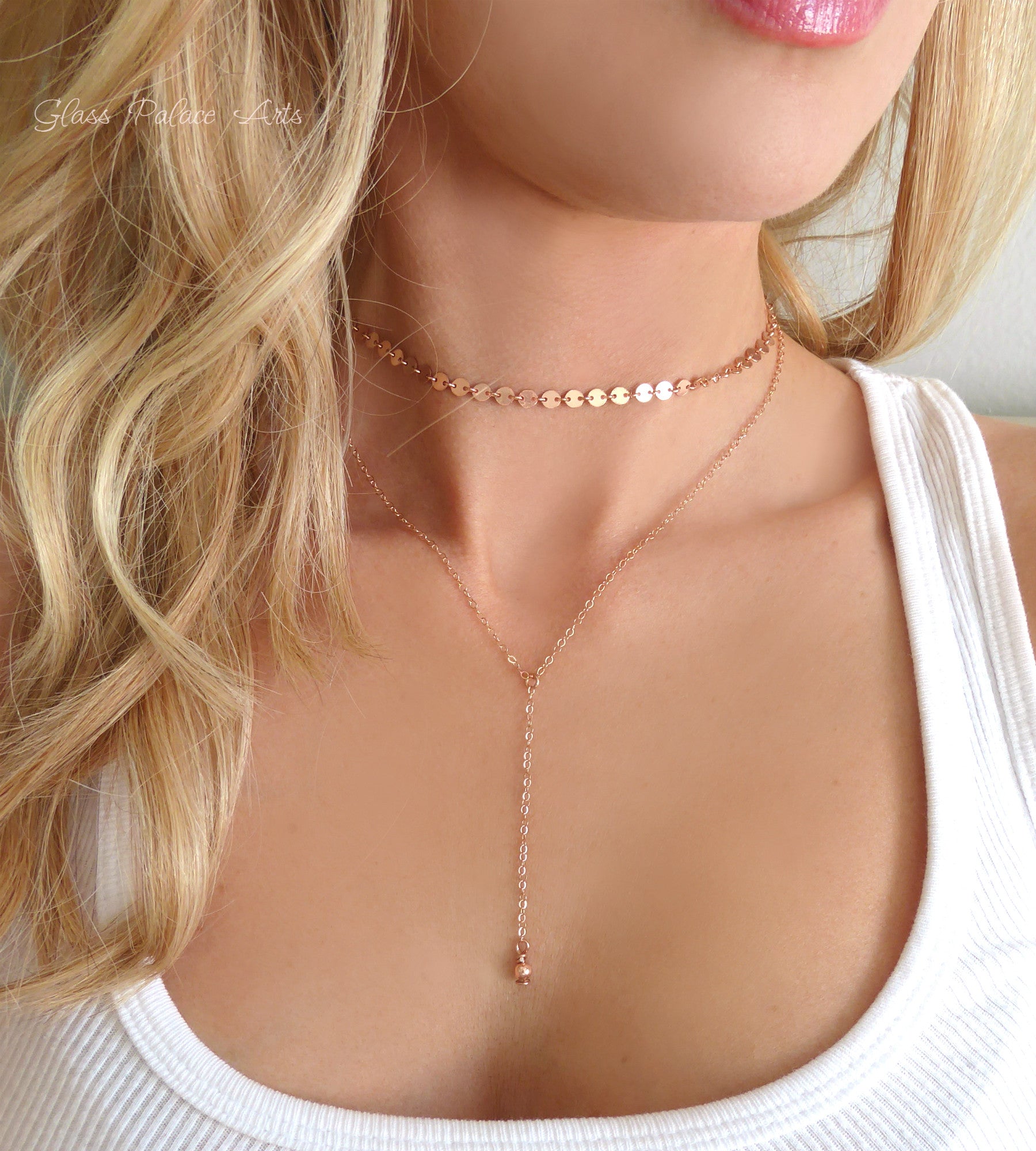 Rose Gold Choker Necklace Set For Women - Adjustable Choker + Lariat C –  Glass Palace Arts