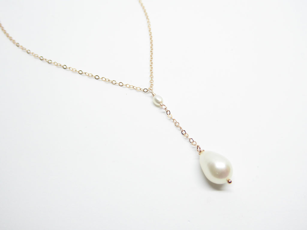 Bridal Wedding Jewelry Dainty Pearl Lariat Y Necklace Necklace for Bridesmaids Rose Gold Teardrop Freshwater Pearl Drop Lariat Necklace