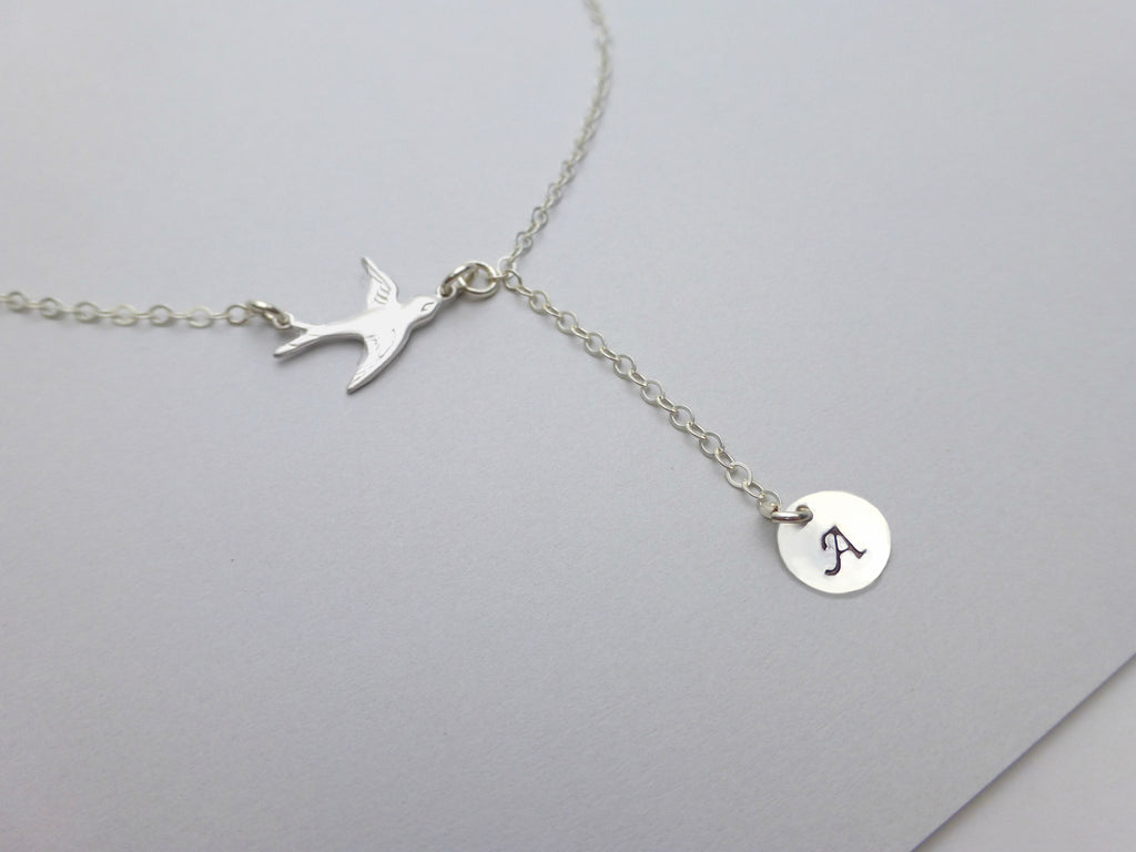 Personalized Necklace With Flying Bird And Stamped Disk - Silver or Go ...