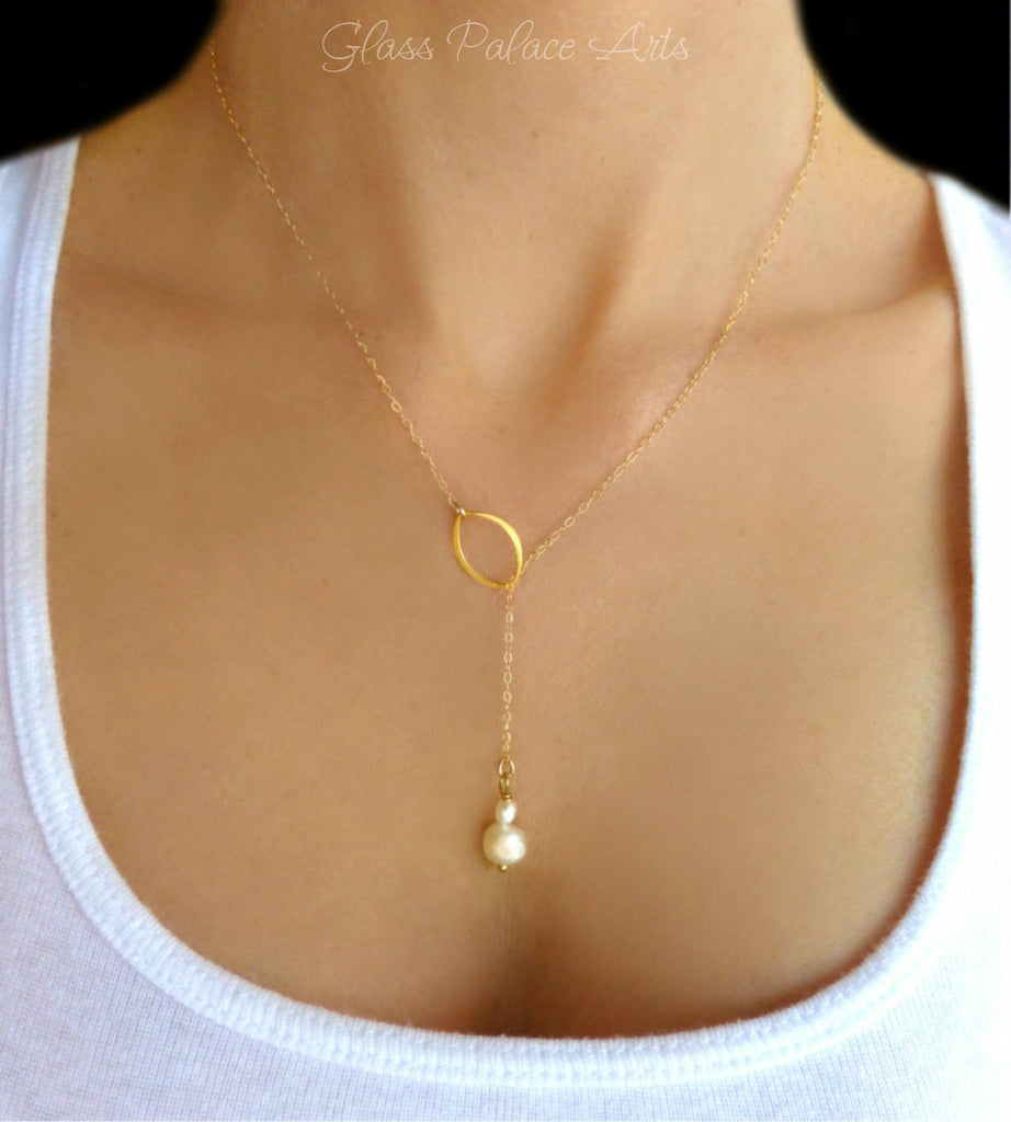 Dainty Freshwater Pearl Lariat Necklace Sterling Silver Or 14k Gold