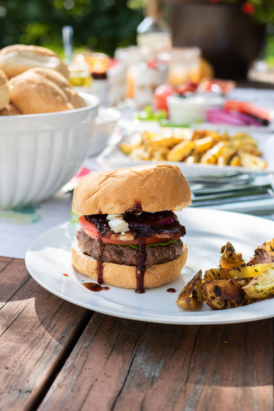 A BBQ Bacon Blue Cheese Burger is a simple addition to the ultimate backyard bbq. Get tips, recipes, and products from Pear & Simple gift shop in Port Washington, Wisconsin. 