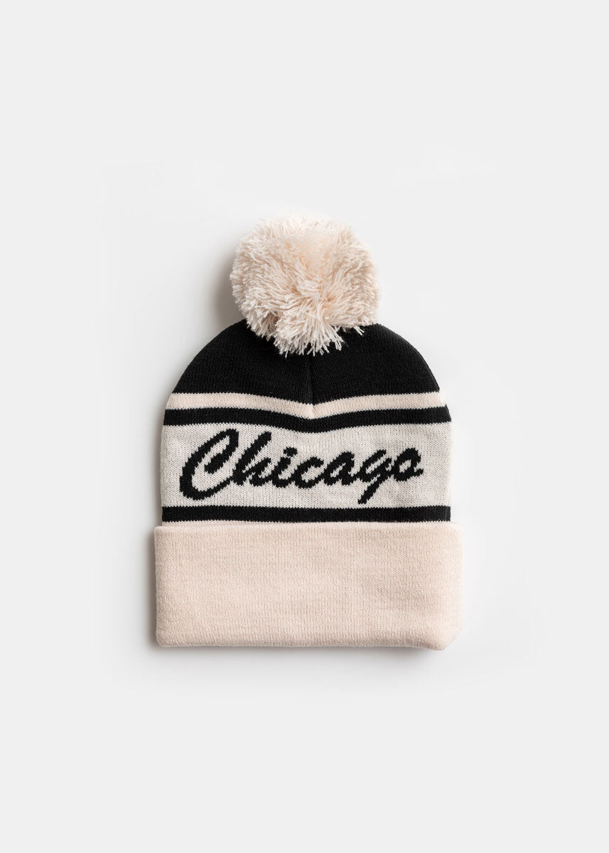 Chicago Block Letter Knit Adult Pom Beanie Hat Neutral