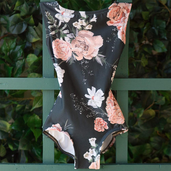 Pink Flowers on Black Printed Floral Leotard from Luckyleo Dancewear for Women and Girls