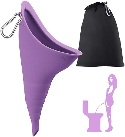 pee funnel, urinal, portable urinal, women's pee funnel, woman peeing while standing, toilet, black pouch, purple pee funnel