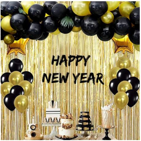 black and gold balloons, happy new year, balloons, party table, cake, dessert table, wall decoration, wall decors