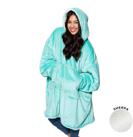 wearable blanket, sherpa blanket, the comfy, hoodie, girl wearing blanket