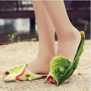 fish slippers, green slippers, green fish, feet