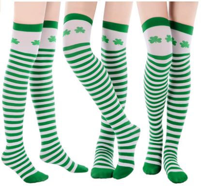 green socks, striped socks, St. Patrick's Day, shamrock socks, knee-high socks