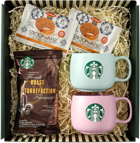 Starbucks, pink mug, blue mug, coffee, cookies, gift box, Starbucks coffee