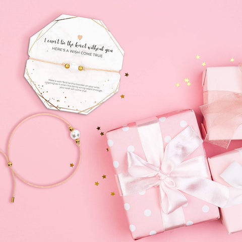 bridesmaid bracelet, gift box, pink ribbon, pink paper, pink bracelet
