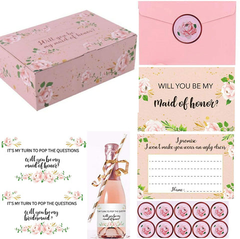 will you be my bridesmaid, will you be may maid of honor, bridesmaid proposal, champagne, gift box, proposal card, pink stuff