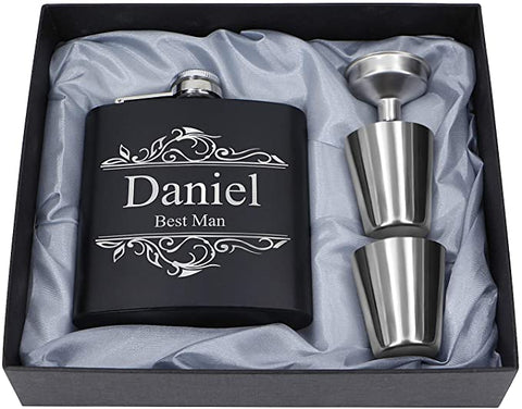stainless steel shot glass, black box, customized hip flask, engraved hip flask set