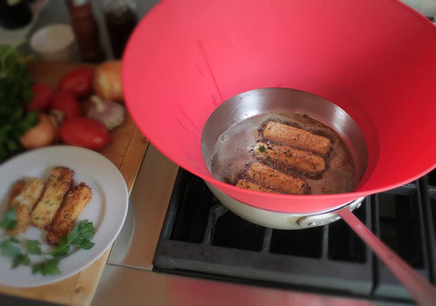 red splatter guard, kitchen, oven top, fry pan, food on plate