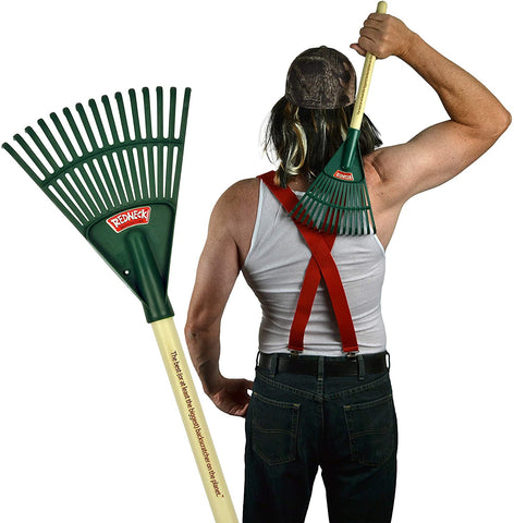 Man scratching his back, big back scratcher, man wearing red suspenders and black pants