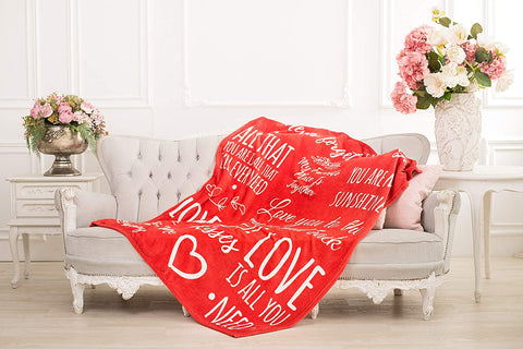 I love you blanket, red blanket, sofa, flower vase, living room