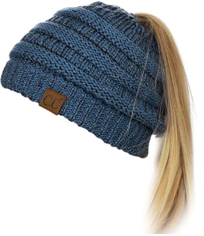 beanie hat for girls, blue beanie hat, ponytail, ponytail beanie hat