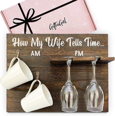 how my wife tells time, wall decoration, wine glass rack, cup rack, white cups, wine glass