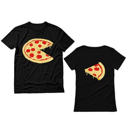 his and her shirt, his and her black shirt, pizza shirt, pizza on shirt, missing pizza slice