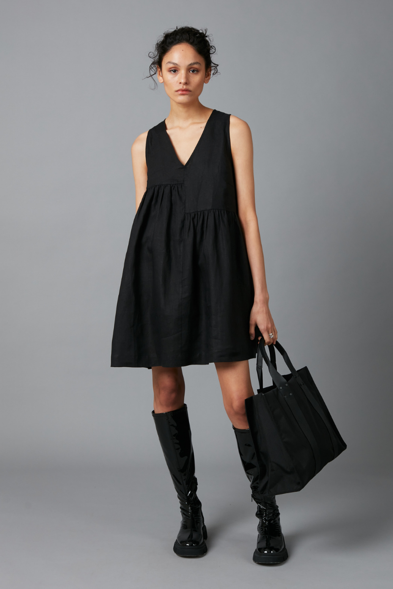 Image of Black Macy Linen Gathered Mini Dress