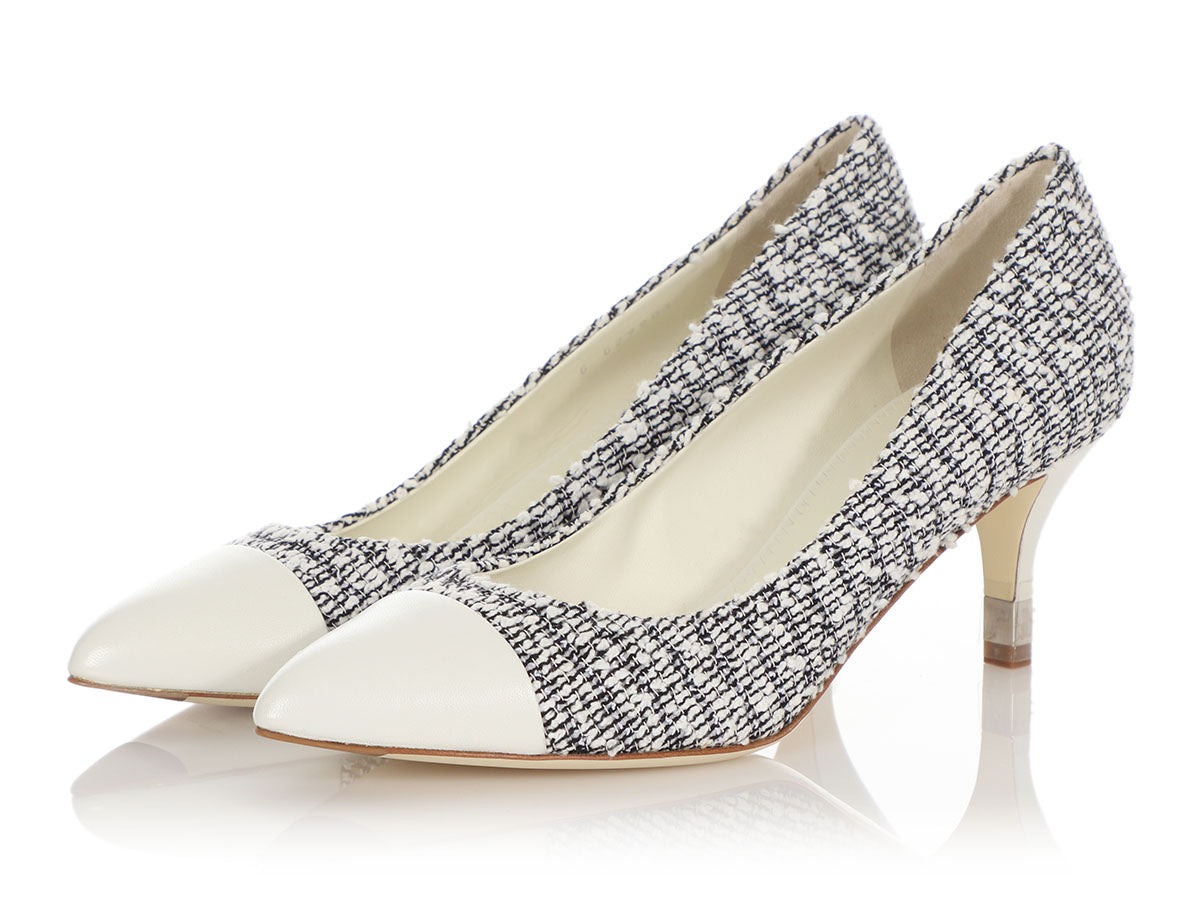 Chanel White and Black Tweed Capped Toe Fabulous Closeouts