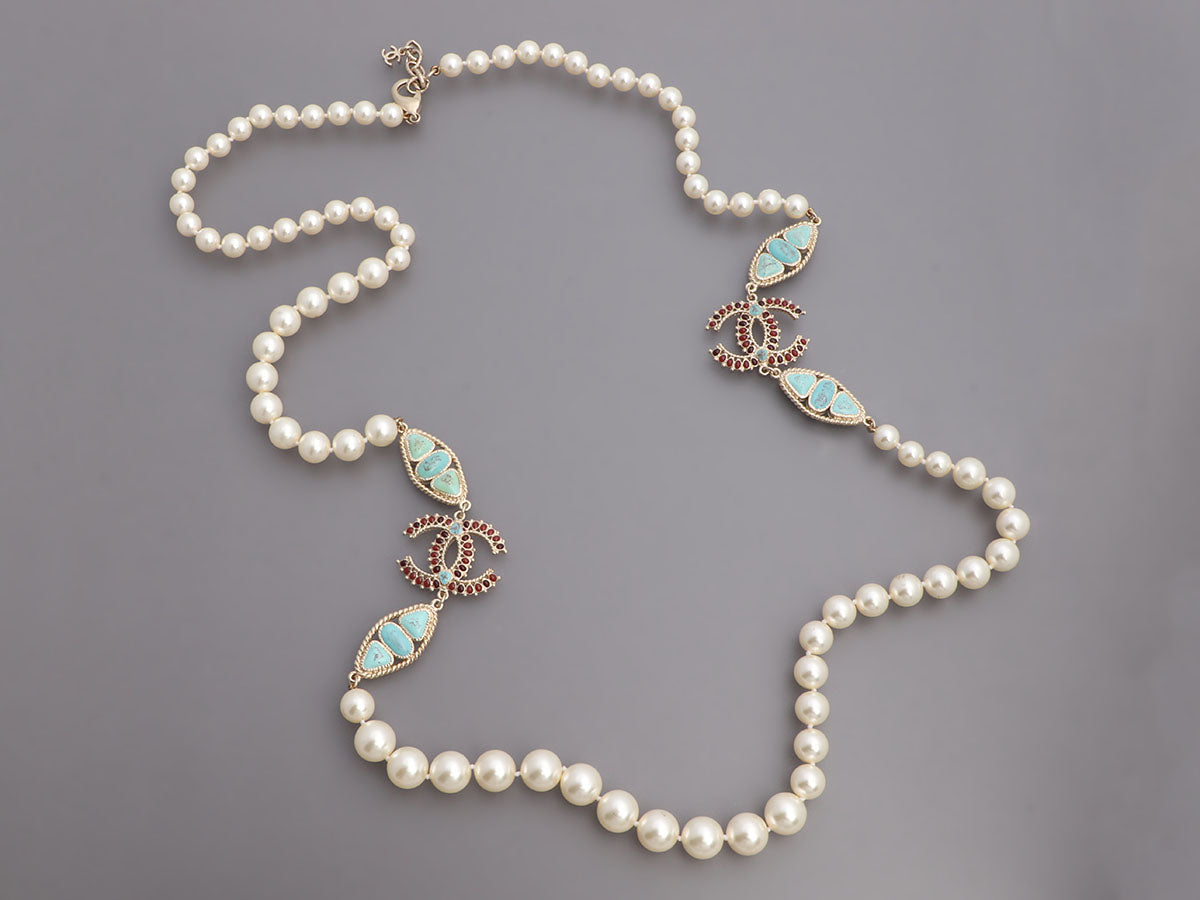 Chanel Necklace Cocomark White Silver Faux Pearl Rhinestone Long Ladies   eLADY Globazone