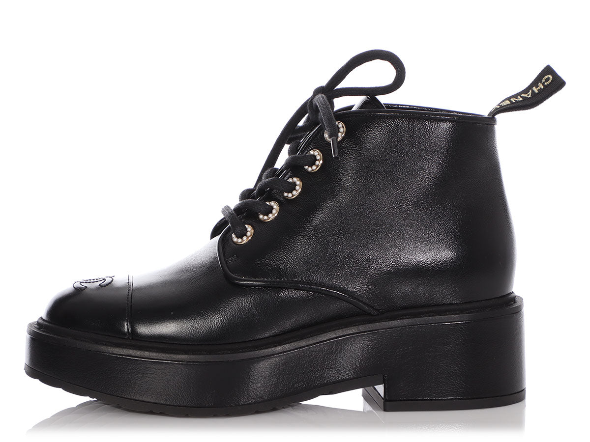 Chanel Black Toe and Pearl Combat Boots - Fabulous Closeouts