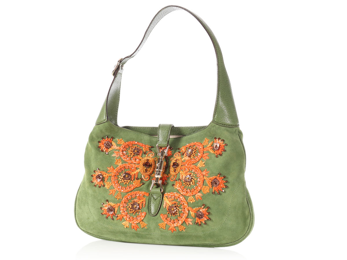 Gucci Green Embroidered Suede Jackie Shoulder Bag - Ann&#39;s Fabulous Closeouts