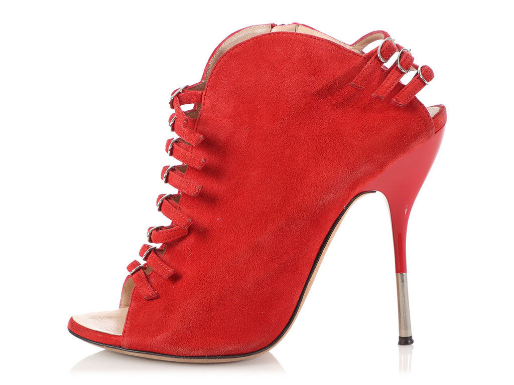 red suede open toe booties