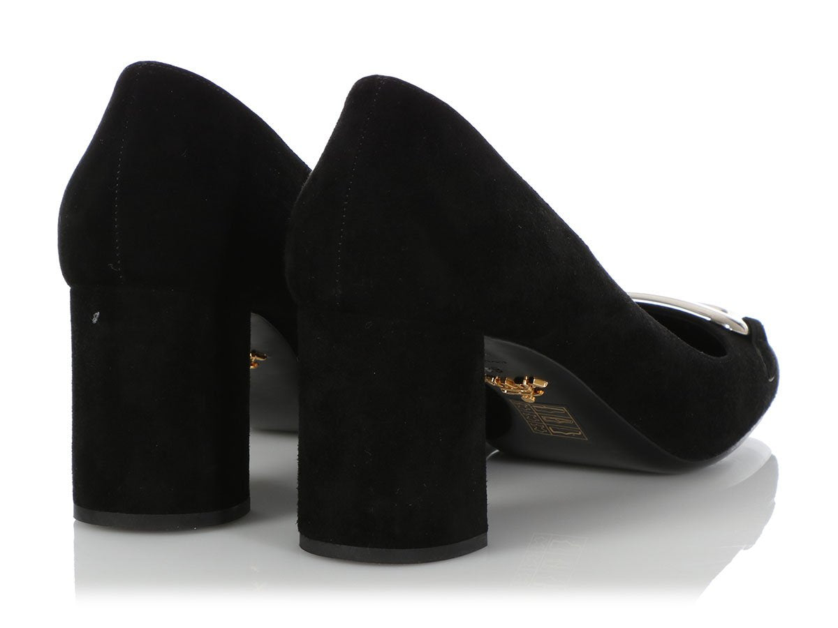 prada suede block heel pumps