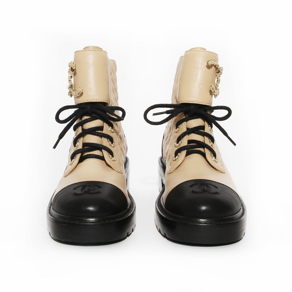 Chanel Tan and Black Combat Boots with Chain CC Detail Pre-Fall2020 –  Decades Inc.