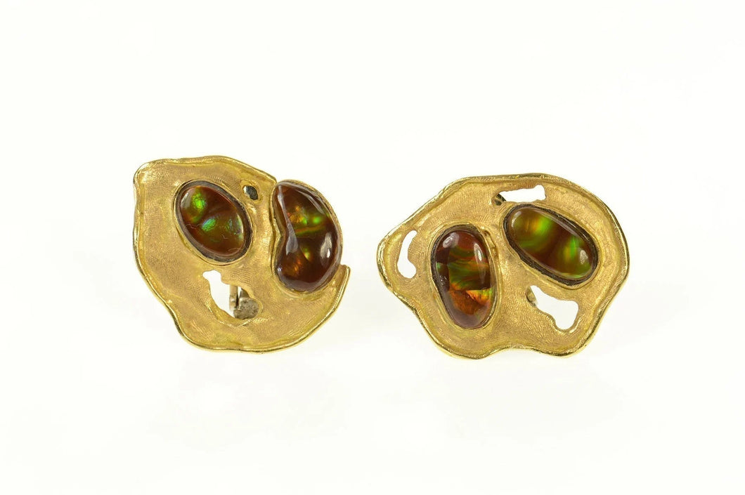 18K Fire Agate Abstract Retro Artisan Clip Back Earrings Yellow Gold