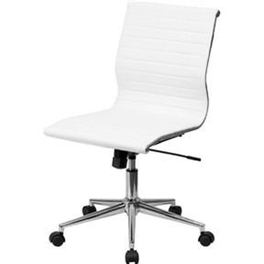 WHITE FAUX LEATHER RIBBED ARMLESS MID-BACK CONFERENCE OFFICE CHAIR– Qolture