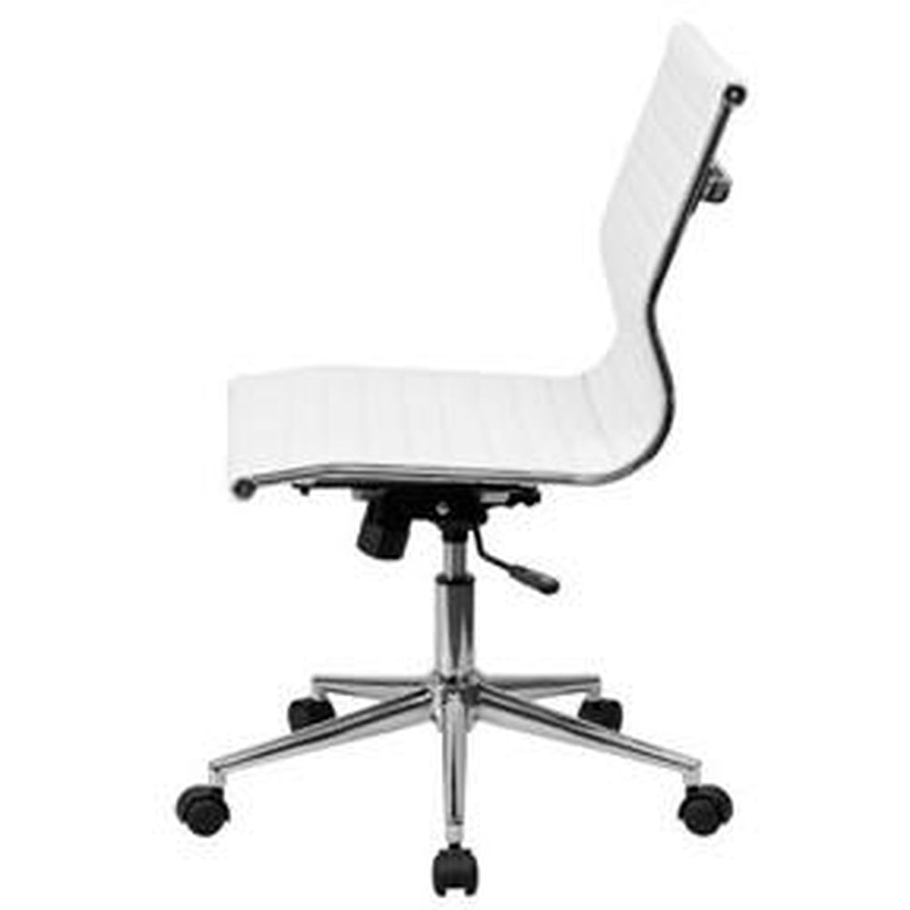 WHITE FAUX LEATHER RIBBED ARMLESS MID-BACK CONFERENCE OFFICE CHAIR– Qolture